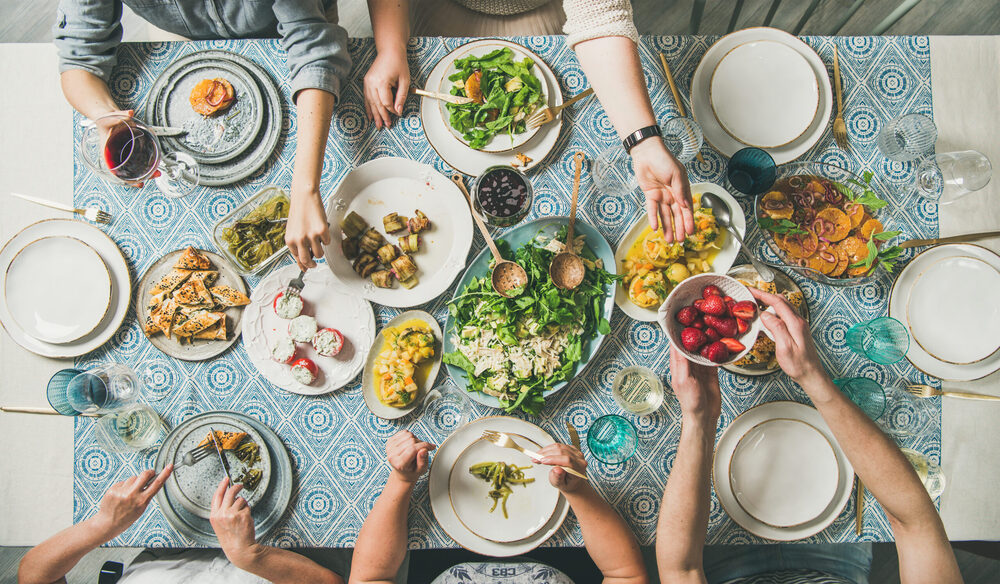 Mediterranean,Style,Dinner.,Flat-lay,Of,Table,With,Salads,,Starters,,Pastries