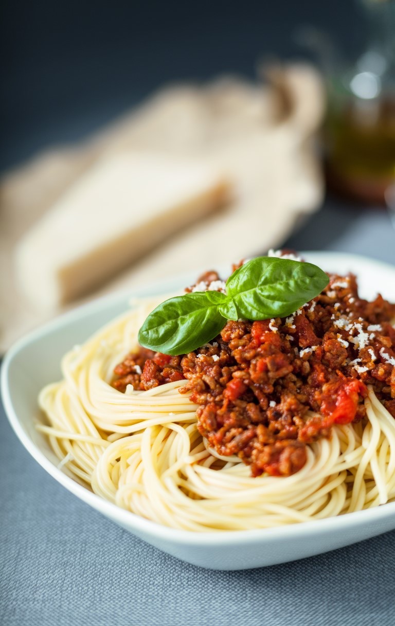 Spaghetti bolognaise italienne traditionnelle garnie de parmesan râpé saupoudré d'une sauce à la viande à base de tomate garnie de feuilles de basilic